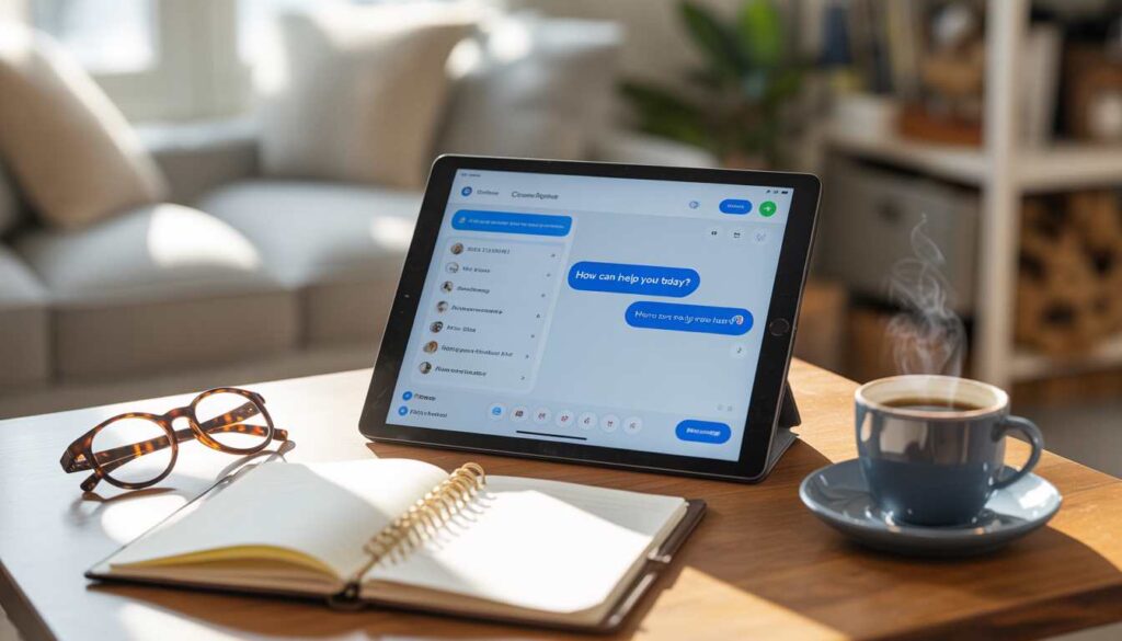 A cozy home office desk with a tablet showing a ChatGPT conversation about daily tasks.