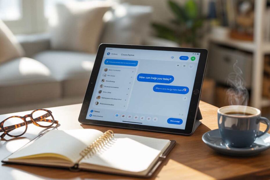 A cozy home office desk with a tablet showing a ChatGPT conversation about daily tasks.