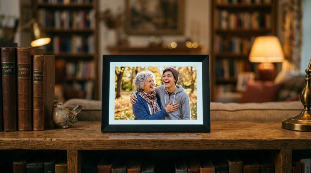A digital photo frame on a wooden shelf showing a happy family laughing together.