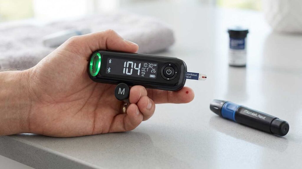 Accurate Contour Next ONE glucose meter displaying blood sugar results in 5 seconds on a bright screen.