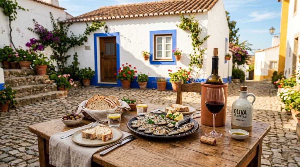 A vibrant, sun-lit outdoor table in a cobblestone Alentejo village featuring fresh Portuguese sardines, crusty bread, a bottle of wine, and local olive oil.