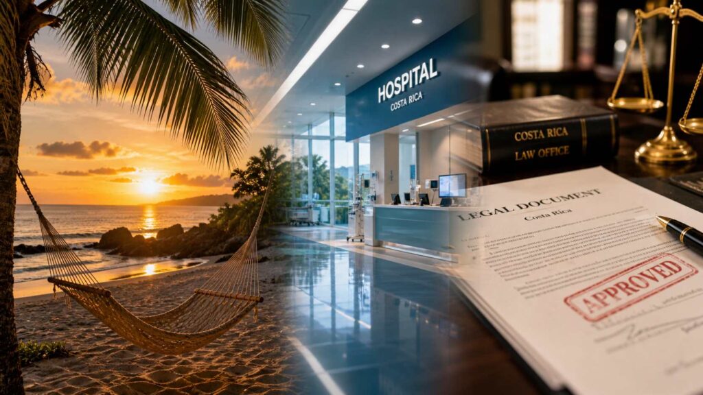 A split visual showing a Costa Rican beach and a modern medical facility representing the reality of retirement in 2026.