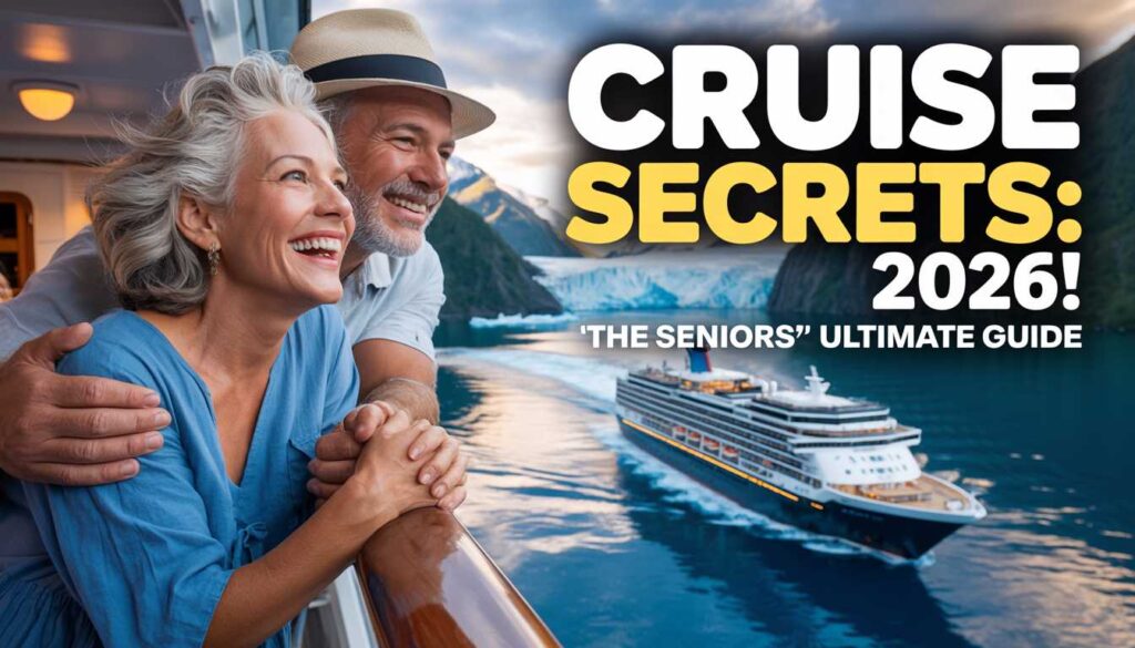 A happy senior couple over 60 enjoying a luxurious cruise vacation in 2026, holding the complete cruise tips guide.