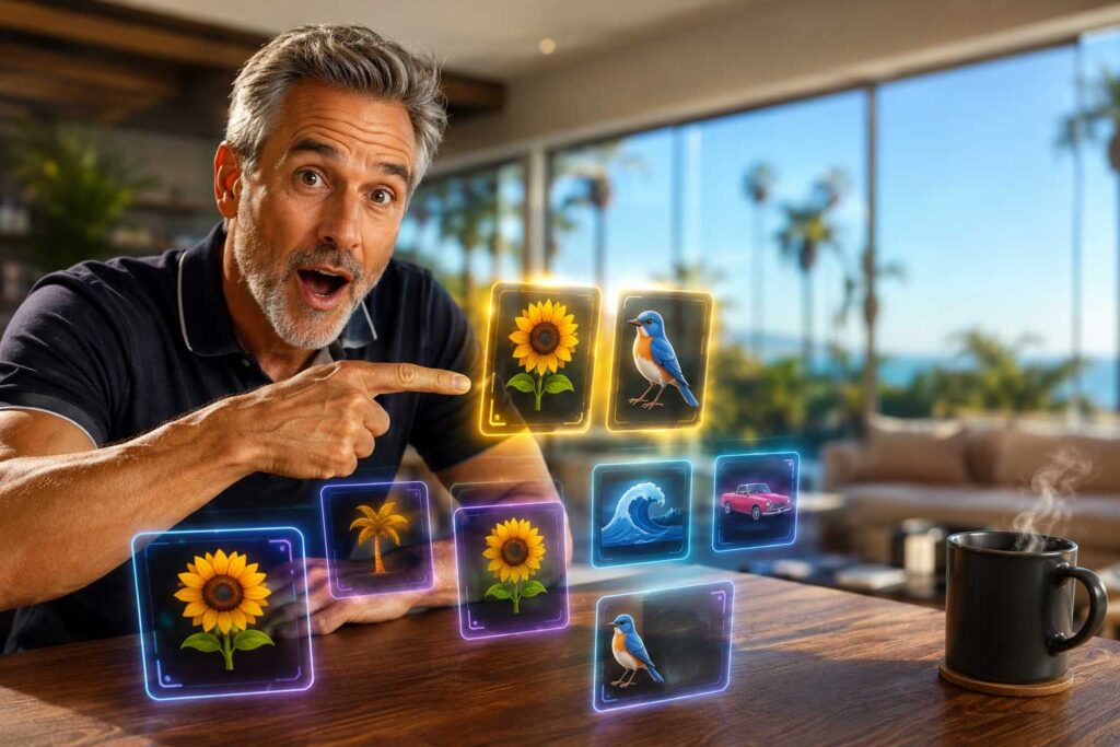 A senior man playing a digital memory card game to improve working memory and brain health.