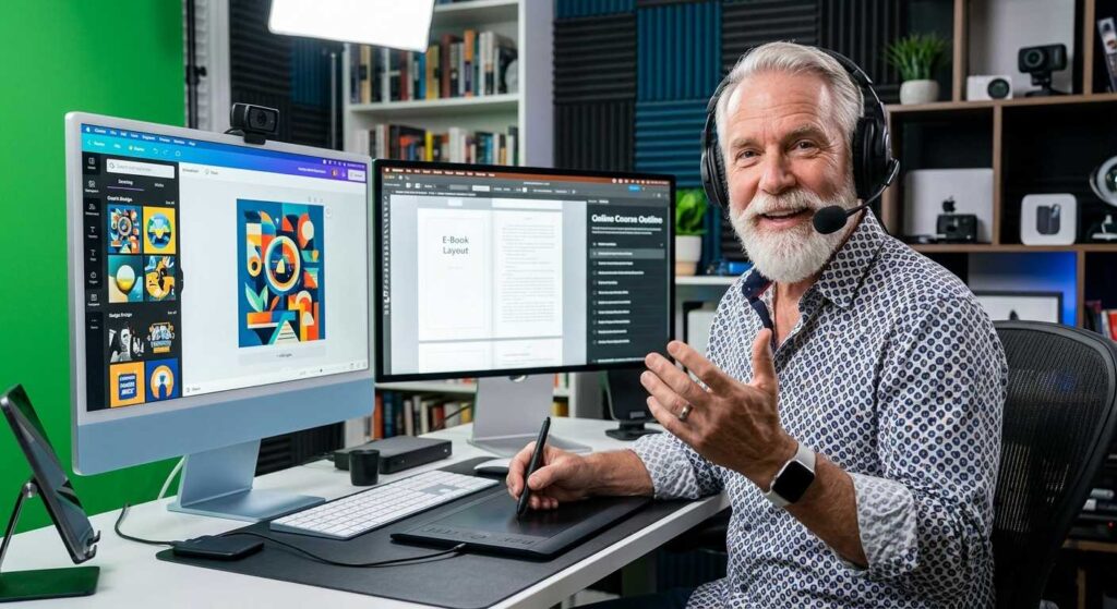 A dynamic elderly American man, with a trendy beard and modern style, joyfully creating an online course and an e-book on a dual-monitor desktop setup in his home studio in 2026.