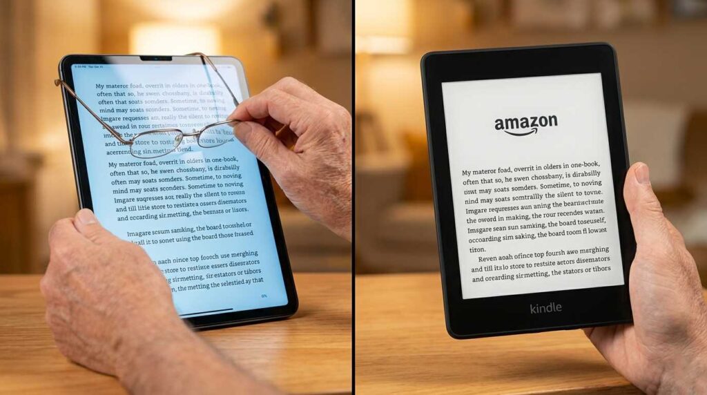 Side by side comparison of a glare-free E-Ink e-reader screen versus a reflective tablet screen held by an older adult.