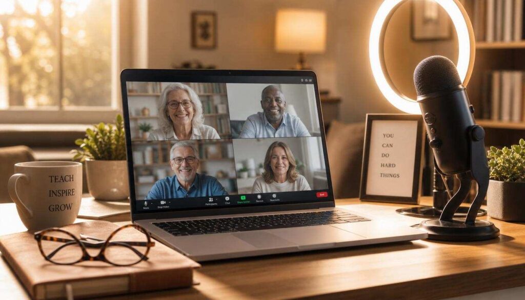 A simple professional home office setup with a ring light and laptop.