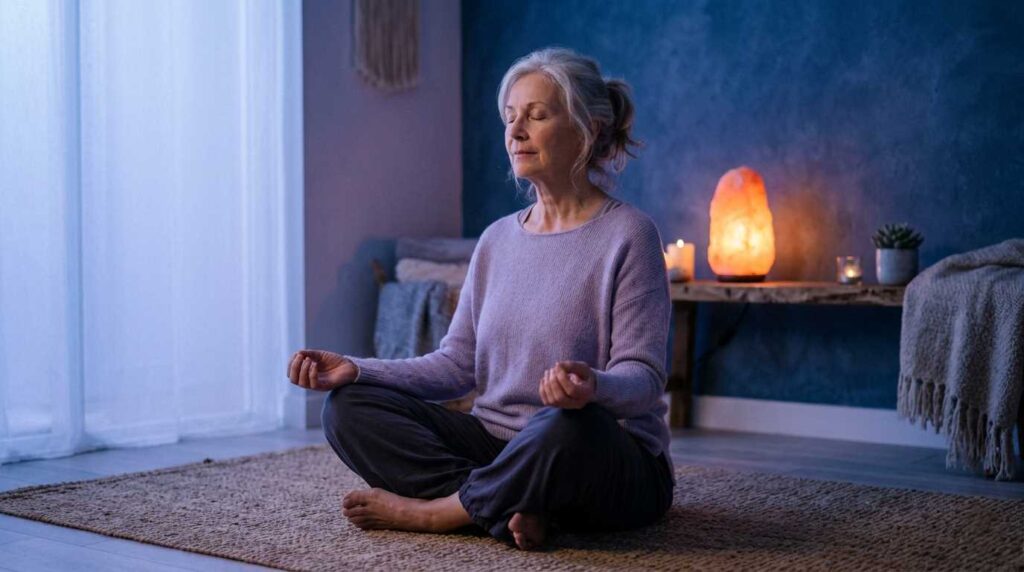 Senior adult doing deep breathing exercises for relaxation before bed.