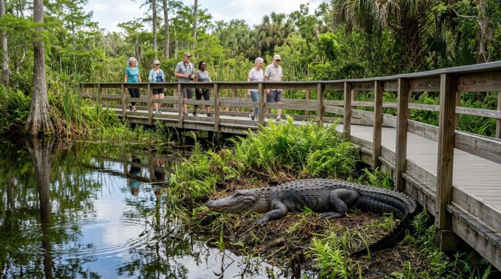 Alligator near the accessible Anhinga Trail boardwalk in Everglades National Park.