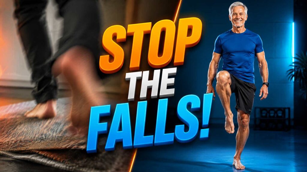 Senior man practicing balance exercises confidently at home.