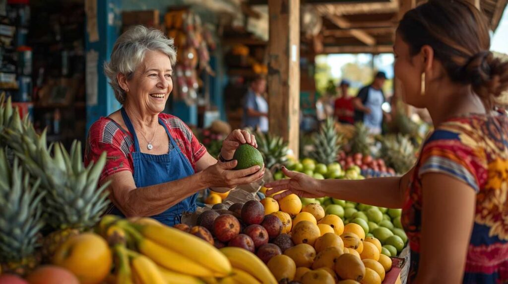 Active American seniors exploring local farmers market in Grecia Costa Rica
