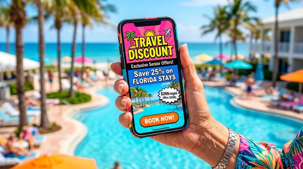 Close up of smartphone showing travel discounts for Florida seniors.