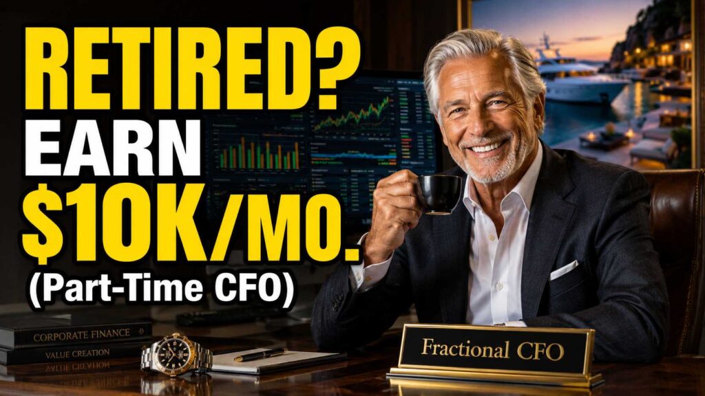 A happy retired finance executive smiling at a laptop with financial charts, a 'Fractional CFO' nameplate on the desk, with a 'RETIRED? EARN $10K/MO.' YouTube-style overlay text.