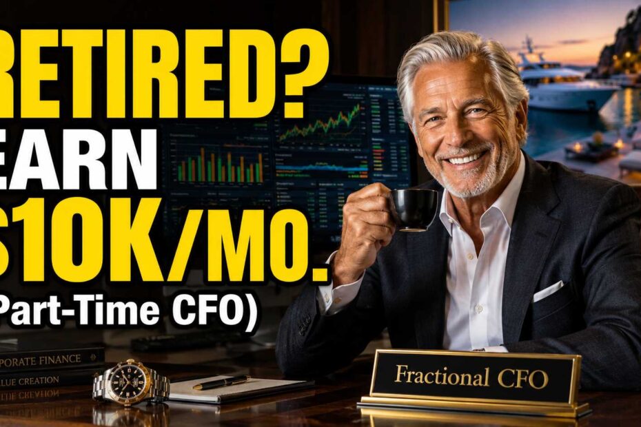 A happy retired finance executive smiling at a laptop with financial charts, a 'Fractional CFO' nameplate on the desk, with a 'RETIRED? EARN $10K/MO.' YouTube-style overlay text.