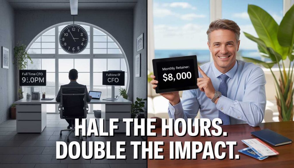 A split image comparing a stressed full-time CFO to a relaxed part-time fractional CFO holding an invoice for $8,000, with a passport and flight tickets, and 'HALF THE HOURS. $3K-$10K/MONTH.' text.