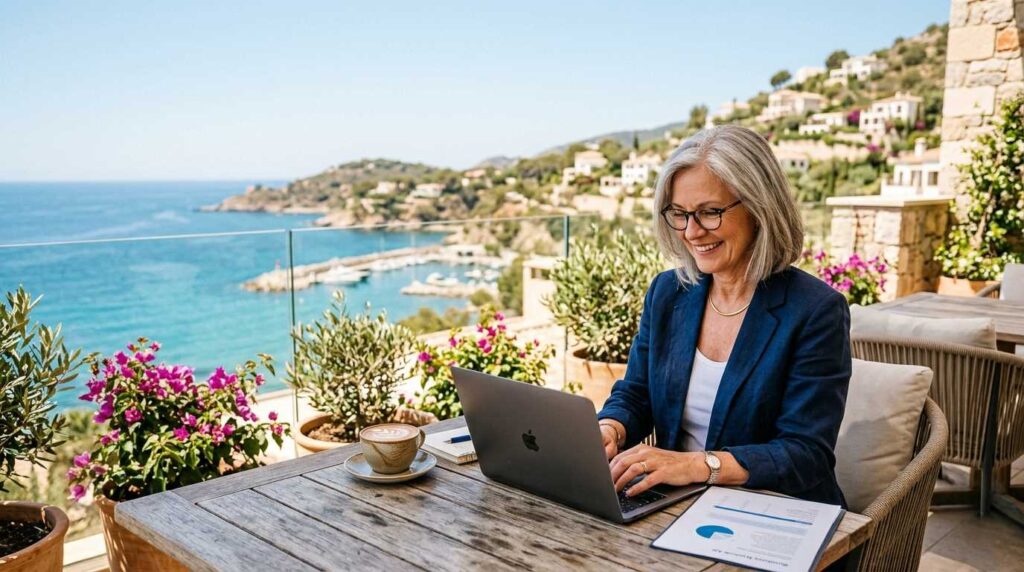 Senior executive working remotely from a beautiful terrace with a laptop.