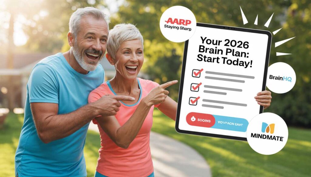 An energetic older American couple over 55 are happily pointing at a tablet, showcasing a 2026 "START TODAY" checklist for brain health.