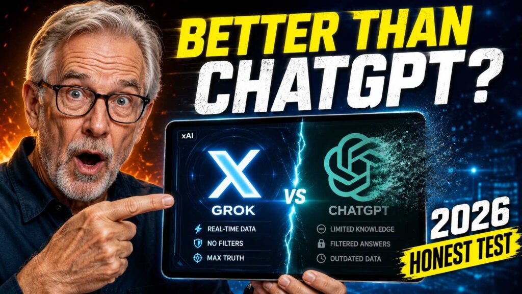 A senior man comparing Grok AI and ChatGPT on a tablet in a modern living room.