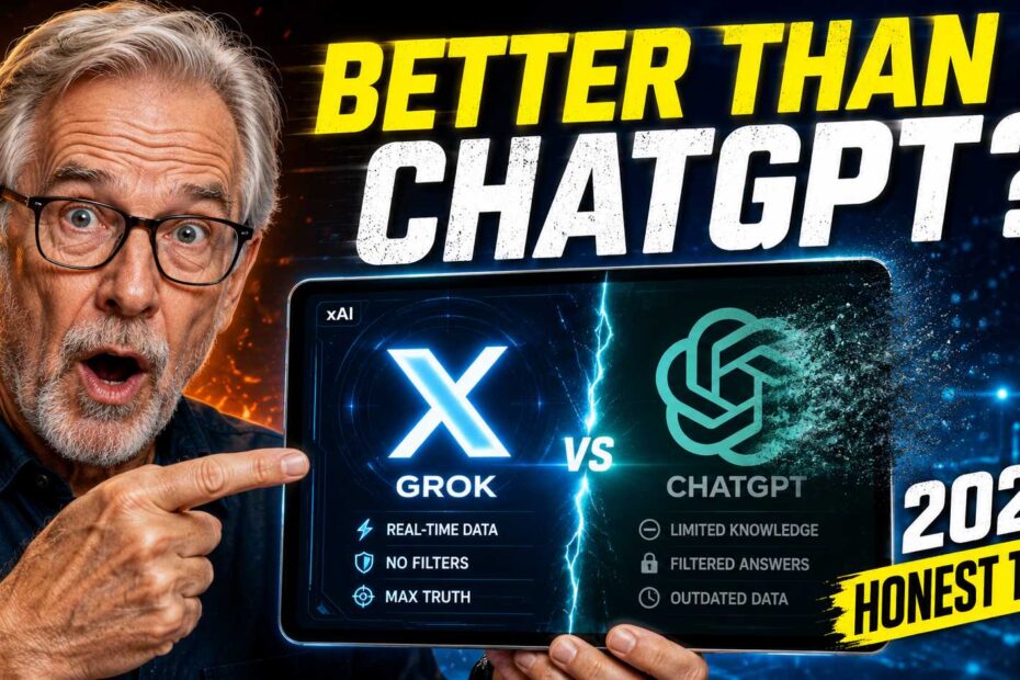A senior man comparing Grok AI and ChatGPT on a tablet in a modern living room.