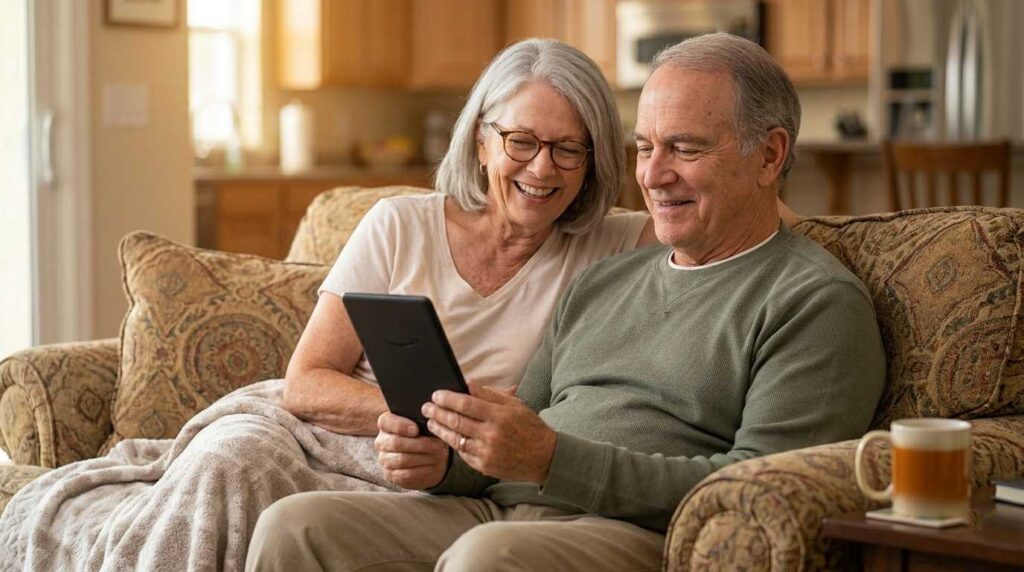 A happy senior couple sitting on a cozy living room couch sharing a book on a modern senior-friendly e-reader.