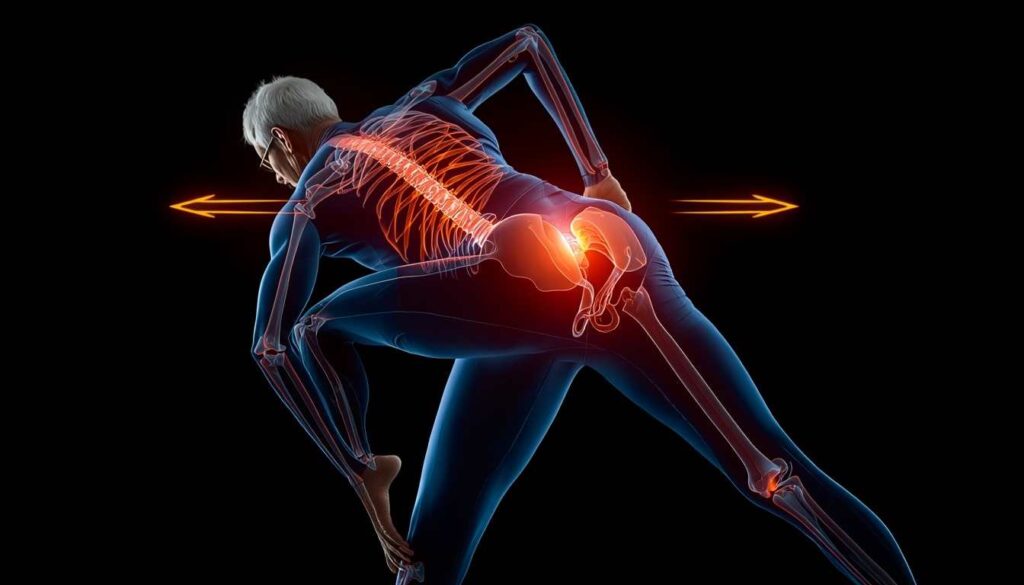Senior woman performing a seated figure-four stretch for hip mobility.