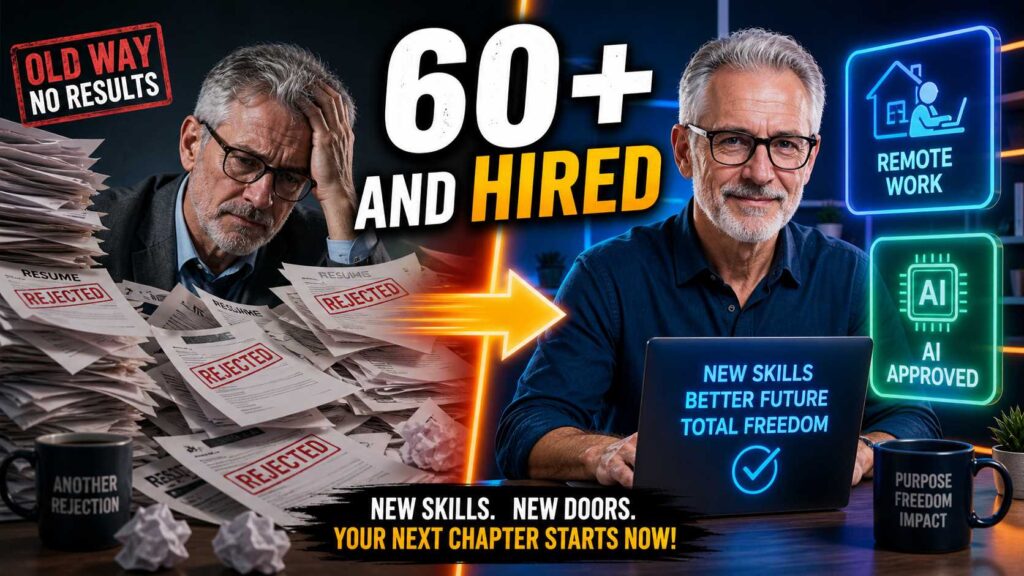 Senior professional looking frustrated with old job search methods vs modern remote system.