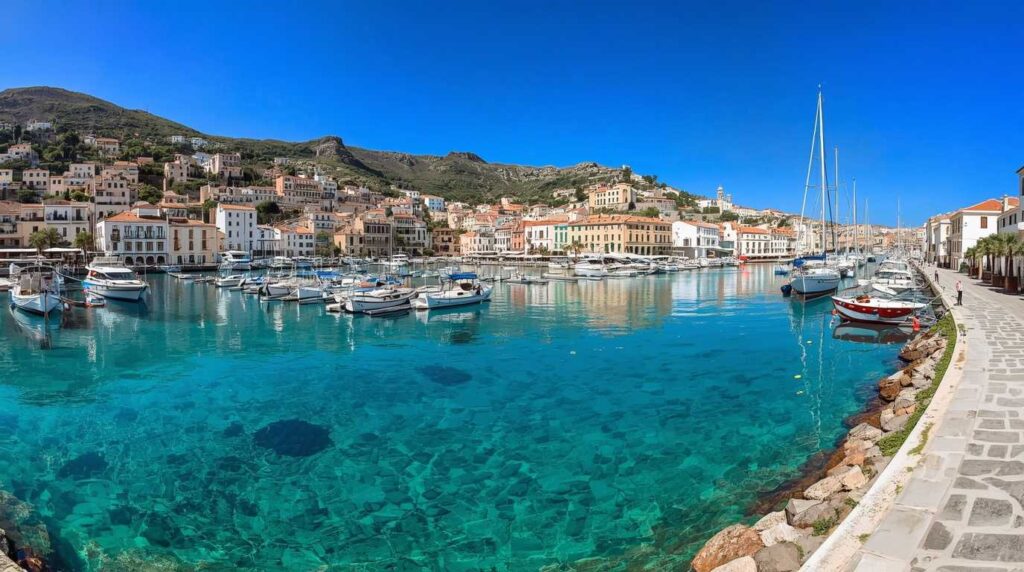 Scenic stone harbor of Hydra Island with stone houses and blue sea.