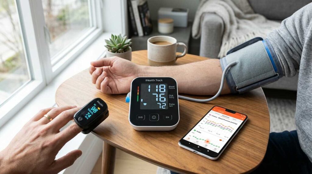 iHealth Track kit featuring both a blood pressure cuff and a pulse oximeter synced with a smartphone app.