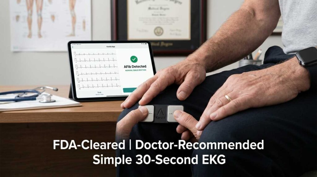 A senior using the KardiaMobile 6L device to record an EKG, showing the heart rhythm on a smartphone screen.