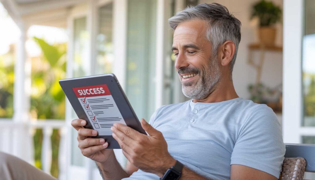 A 30-day checklist on a tablet screen with a senior man smiling in the background.