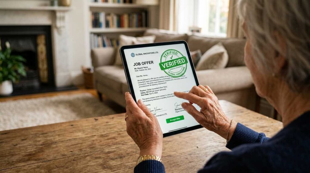 A close-up of a senior person's hands checking a professional remote job contract on a tablet screen.