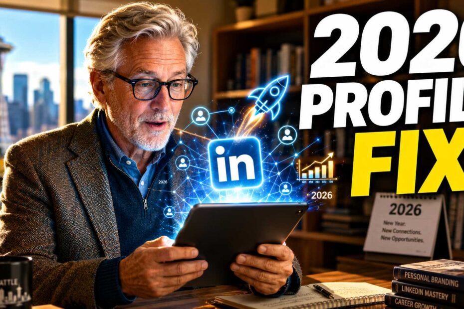 A determined senior professional optimizing their LinkedIn profile on a tablet in 2026.