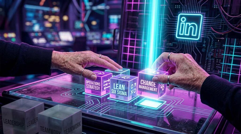 A close-up of senior hands placing glowing digital "Skill Blocks" like "Change Management" into a futuristic LinkedIn interface.