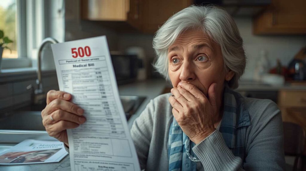 Senior woman shocked by hidden medical bills from Medicare Advantage plan.