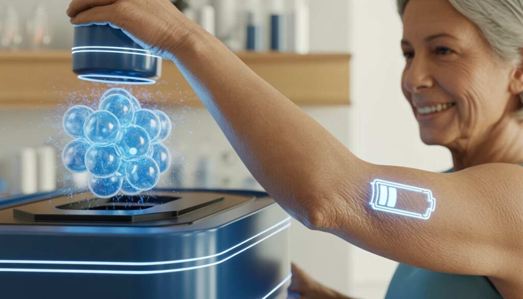 NMN molecule boosting cellular energy in a senior person.