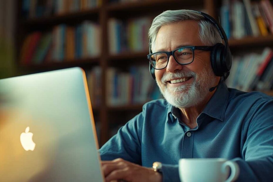 A successful 60-year-old American tutor teaching via laptop in a modern home office.