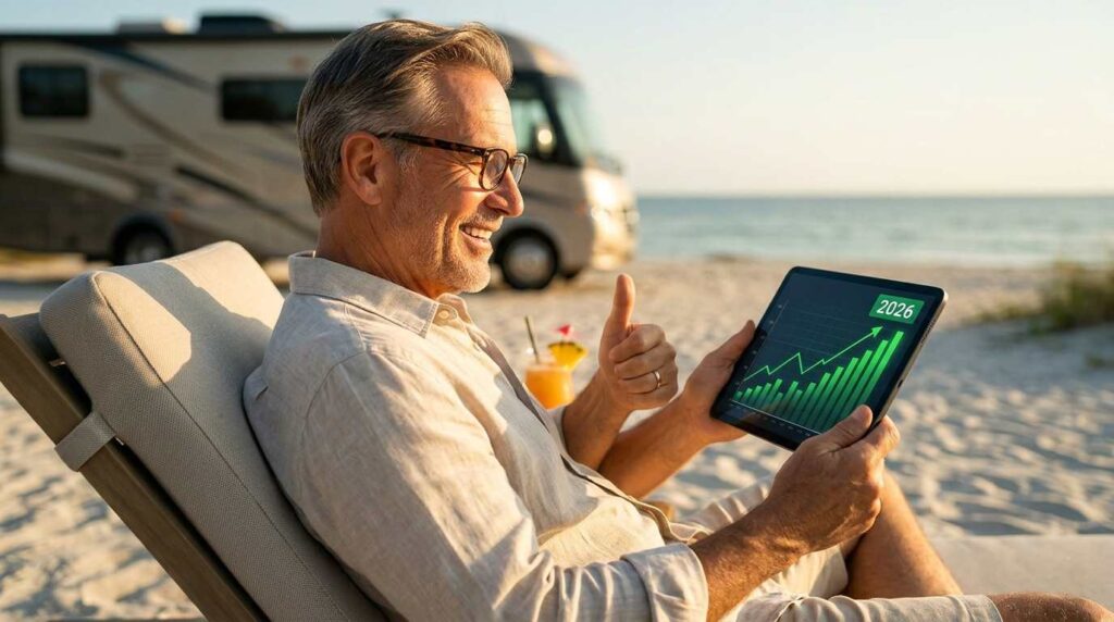 A happy American senior over 60 relaxing on a beach while managing passive income on a tablet in 2026.