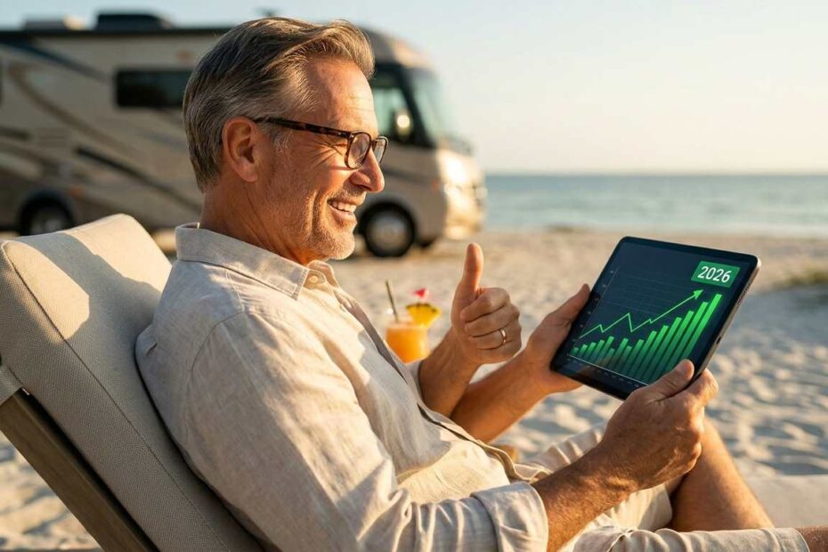 A happy American senior over 60 relaxing on a beach while managing passive income on a tablet in 2026.