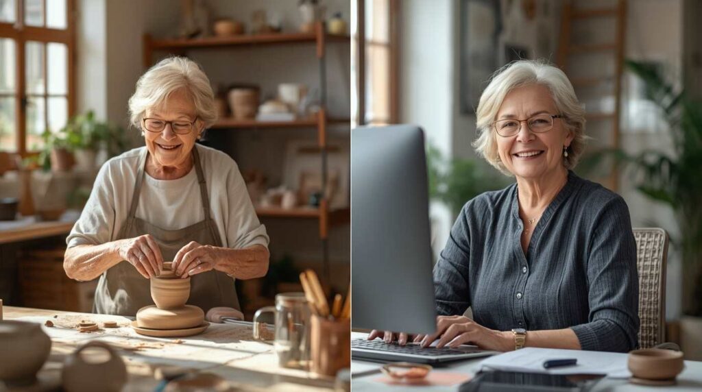 A comparison of active phased retirement seniors enjoying life and part-time passion projects.