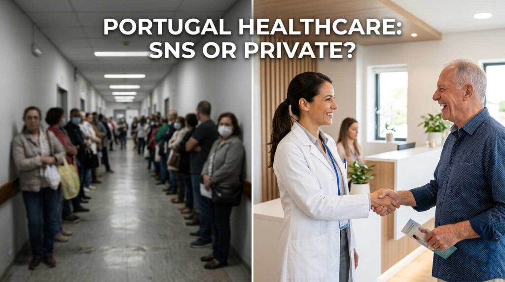 A split image showing a crowded public hospital line (SNS) vs. a fast, modern private clinic with a doctor, titled "Healthcare Secrets Uncovered!".