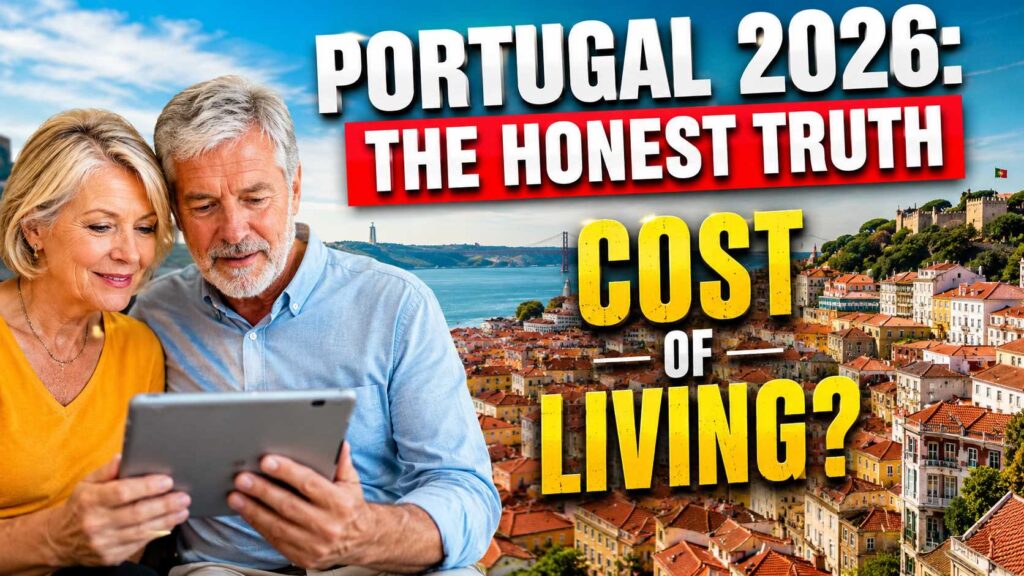 A YouTube thumbnail style image featuring a senior American couple and a Lisbon cityscape with text overlays: "Portugal 2026: The Honest Truth" and "Cost of Living?".