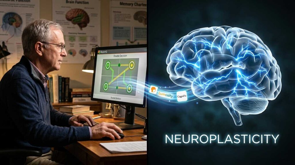 A focused older man over 55 plays a brain exercise on a computer, with a stylized glowing connection to a healthy brain graphic.