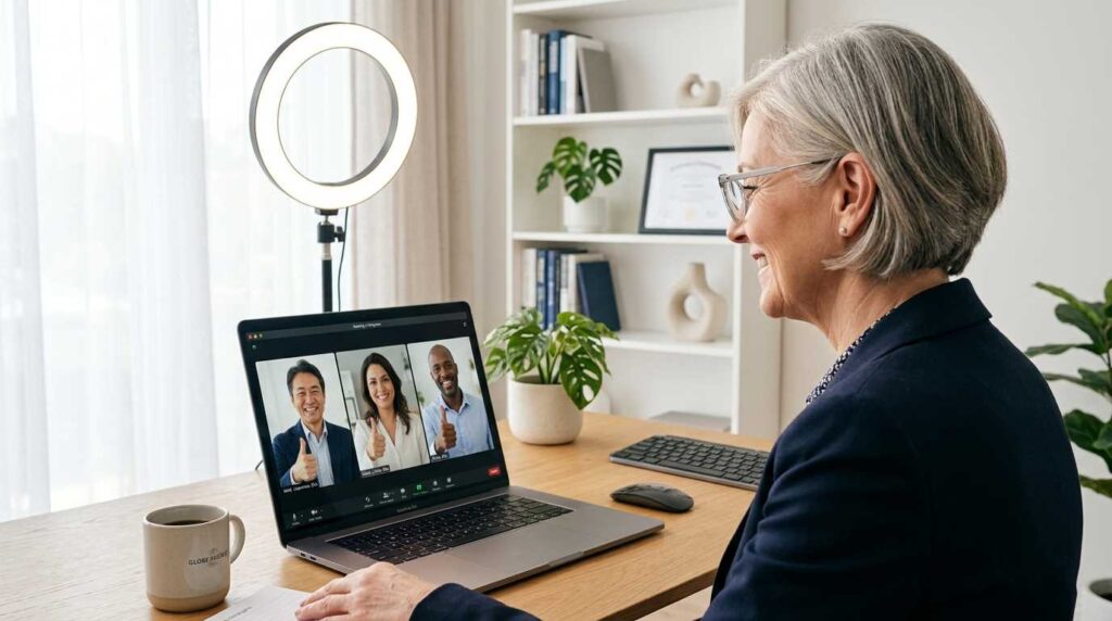 A senior professional acing a remote video interview with professional setup
