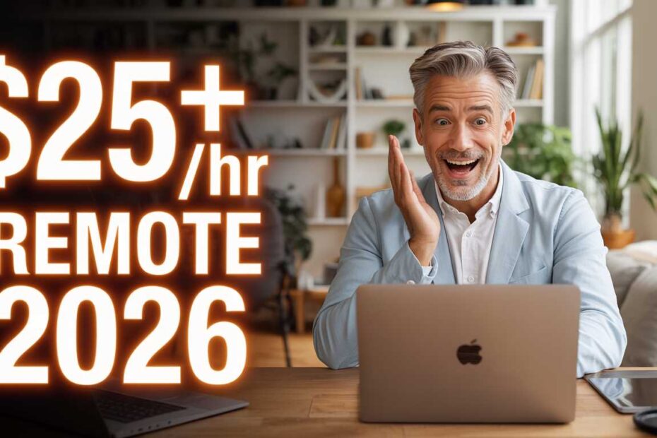 Senior man in his 60s working happily on a laptop at a bright home office, holding a coffee mug.