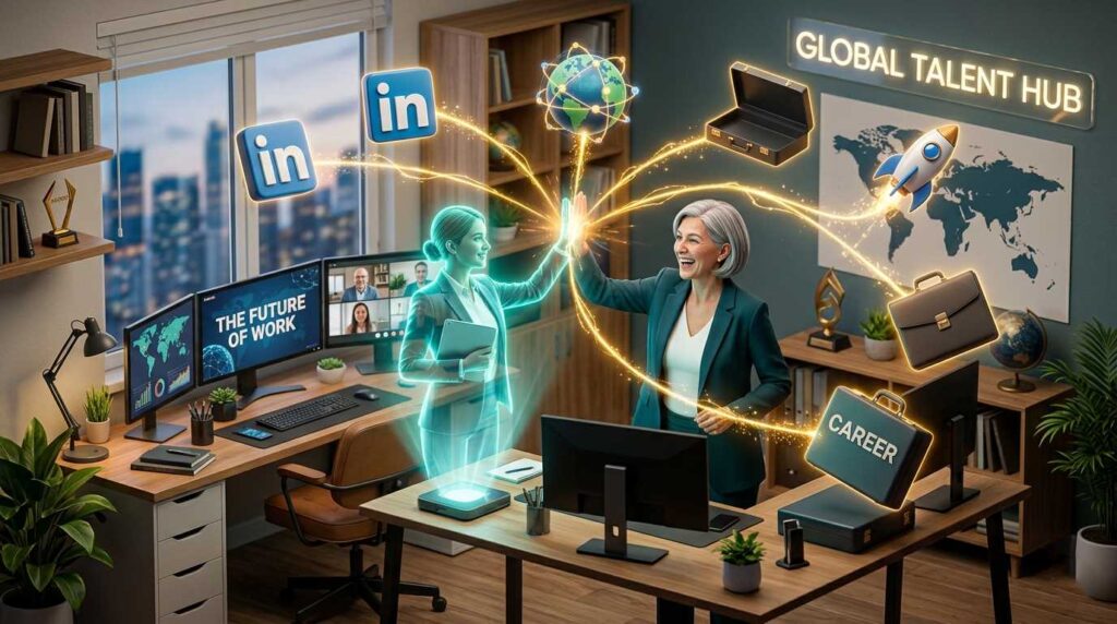 A diverse group of professional icons connected by golden lines to a senior worker.
