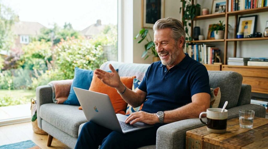 An active senior man successfully participating in a remote video conference call.