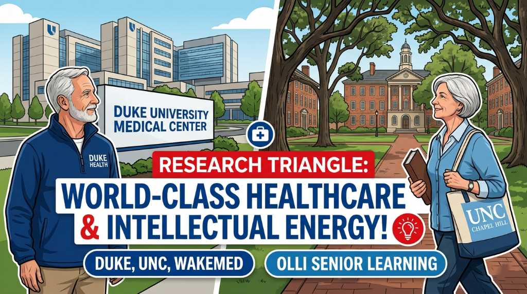 Senior exploring Duke Medical Center and UNC campus in Research Triangle, NC.
