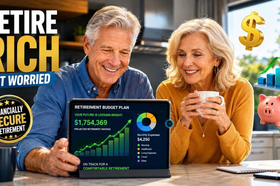 A senior couple analyzing their retirement budget seniors 2026 plan on a tablet with financial charts.
