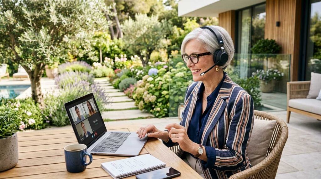 An active senior woman wearing a headset, working as a consultant from a modern outdoor patio.