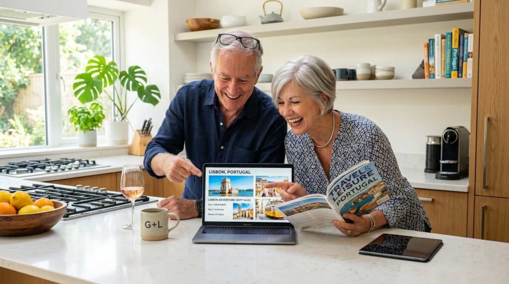 An active senior couple looking at a travel itinerary for Portugal on a computer screen.